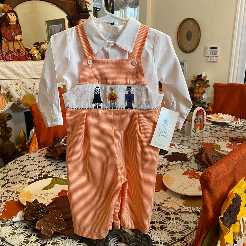 NWT Vive La Fete Smocked Infant Boys Halloween theme Longall size 12 months - Picture 9 of 16
